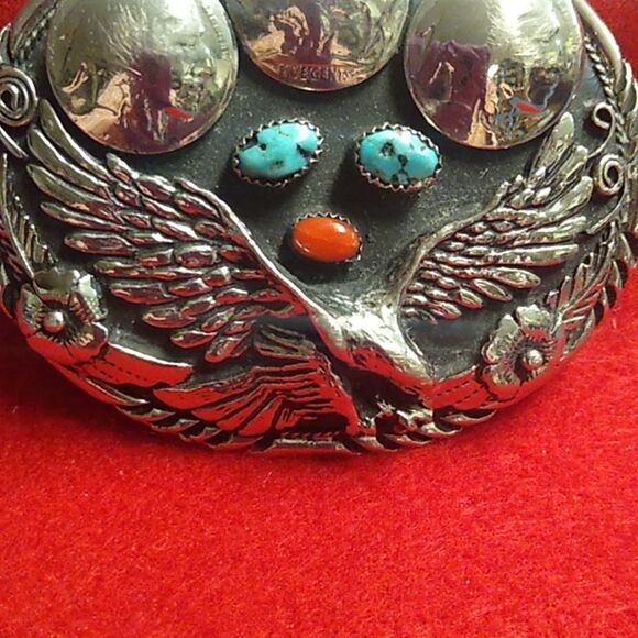 Vintage Turquoise & Coral Eagle Southwestern Silver Tone Metal Handcrafted Sign - Picture 3 of 9